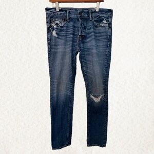 Abercrombie & Fitch mens Skinny Jeans 33x32 | 2010s Distressed Medium Wash Denim